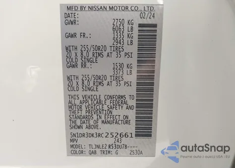 2024 Nissan Pathfinder Platinum 4Wd из США, поврежденный, VIN 5N1DR3DK3RC252661